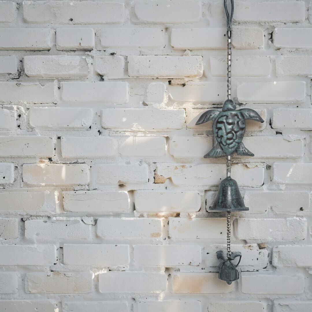 Willow &amp; Silk Hanging Serenity Turtles with Cast Iron Bell 14.5x7.5x62cm
