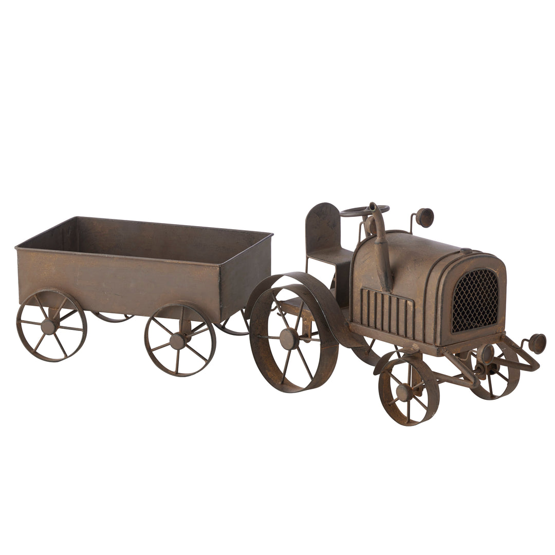 Willow and Silk Decorative Rust Tractor w/Wagon 28x8.5x26cm