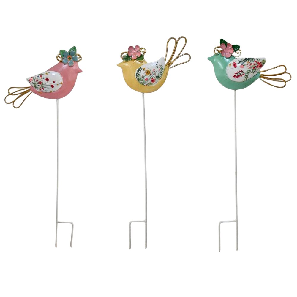 Willow &amp; Silk S/3 Asst Colourful Bird Garden Stakes