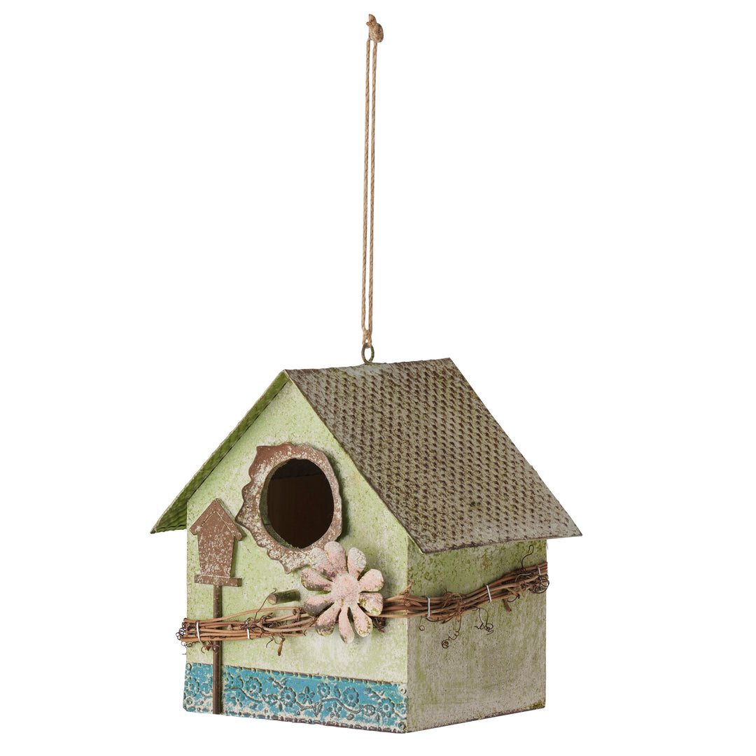 Willow &amp; Silk Hanging Birdhouse w/Pink Flower 18.5x15.5x21HCM