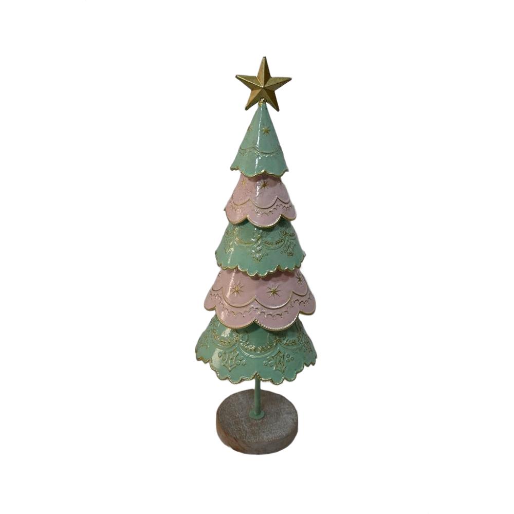 Willow &amp; Silk Pink/Green Tin Christmas Tree Lge 11x11x51HCM