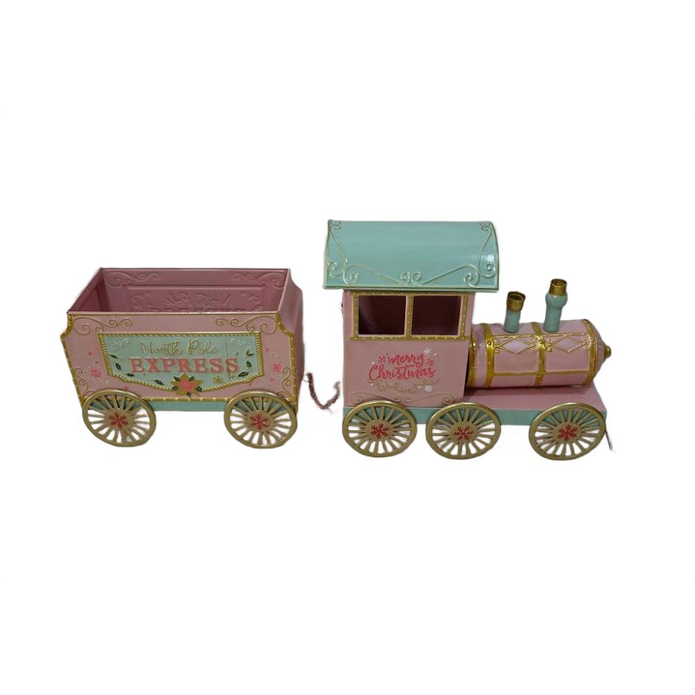 Willow &amp; Silk Xmas Train Pink/ Green Tin 66x13x27.5HCM