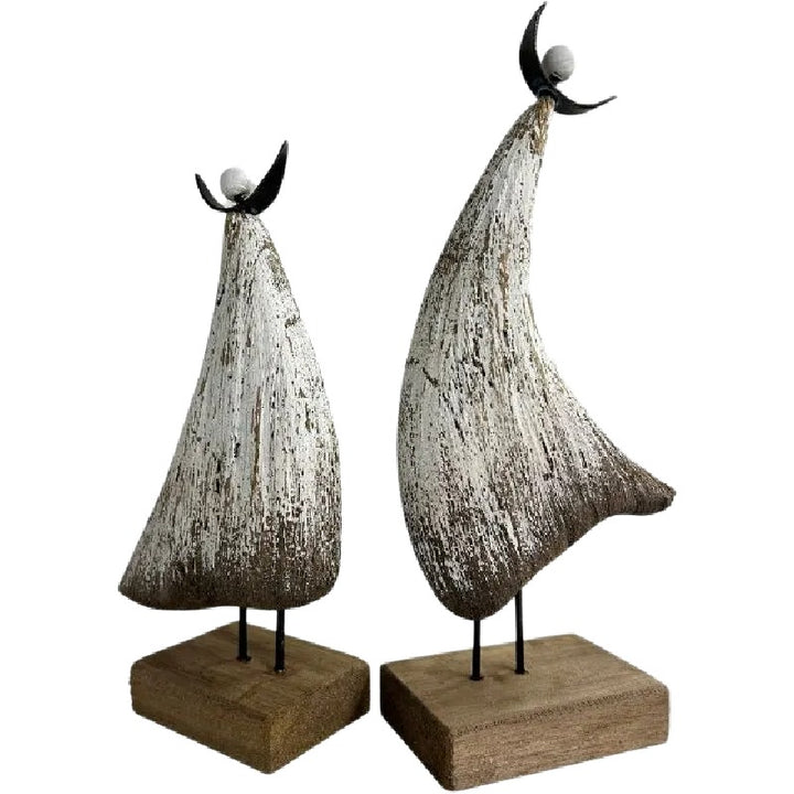 Willow &amp; Silk Angel Ornament Set of 2 Handmade Wooden Iron Base 24cm/20cm