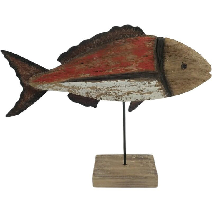Willow &amp; Silk Fish Ornament Handmade Wooden/Iron Base 30cm Whitewash/Redwash