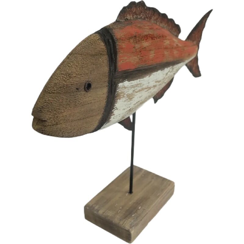 Willow &amp; Silk Fish Ornament Handmade Wooden/Iron Base 30cm Whitewash/Redwash