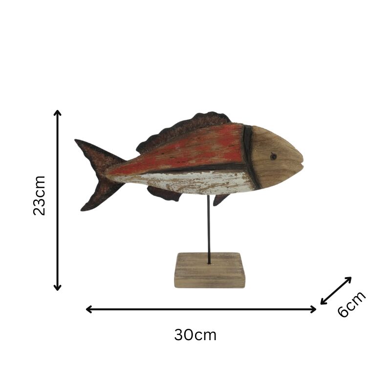 Willow &amp; Silk Fish Ornament Handmade Wooden/Iron Base 30cm Whitewash/Redwash