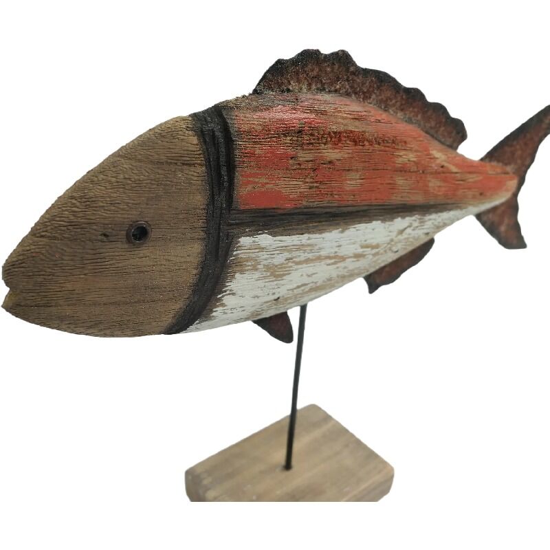 Willow &amp; Silk Fish Ornament Handmade Wooden/Iron Base 30cm Whitewash/Redwash