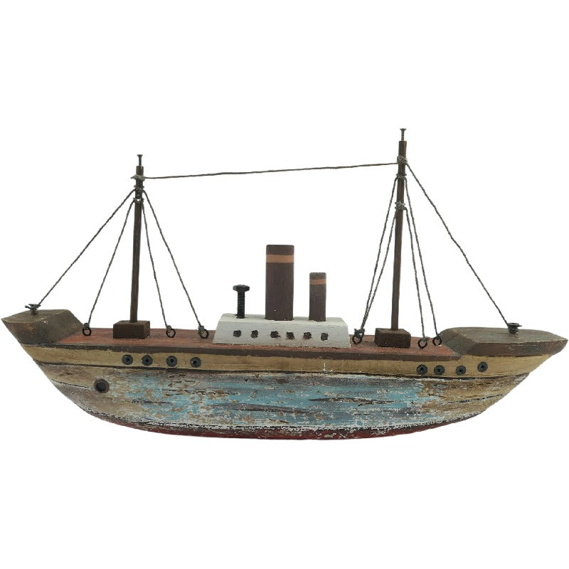 Willow &amp; Silk Ship Ornament Handmade Wooden 37cm W/Red &amp; Blue Wash 37x7x20.5cm