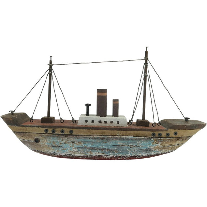 Willow &amp; Silk Ship Ornament Handmade Wooden 37cm W/Red &amp; Blue Wash 37x7x20.5cm