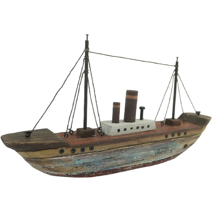 Willow &amp; Silk Ship Ornament Handmade Wooden 37cm W/Red &amp; Blue Wash 37x7x20.5cm