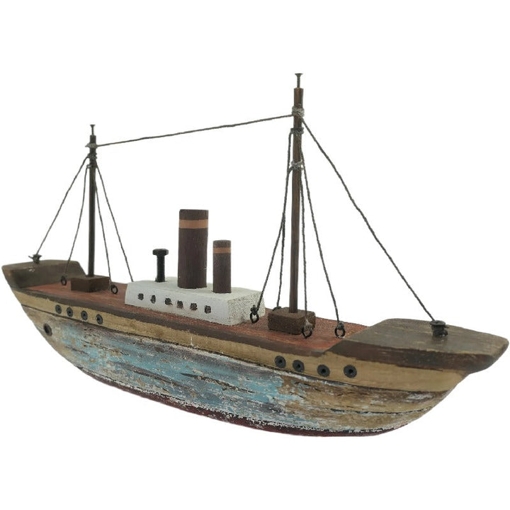 Willow &amp; Silk Ship Ornament Handmade Wooden 37cm W/Red &amp; Blue Wash 37x7x20.5cm