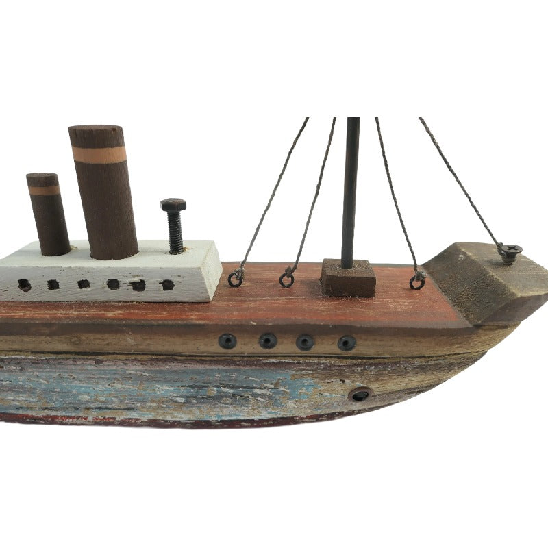 Willow &amp; Silk Ship Ornament Handmade Wooden 37cm W/Red &amp; Blue Wash 37x7x20.5cm