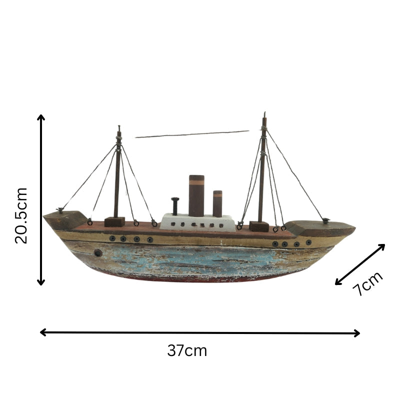 Willow &amp; Silk Ship Ornament Handmade Wooden 37cm W/Red &amp; Blue Wash 37x7x20.5cm