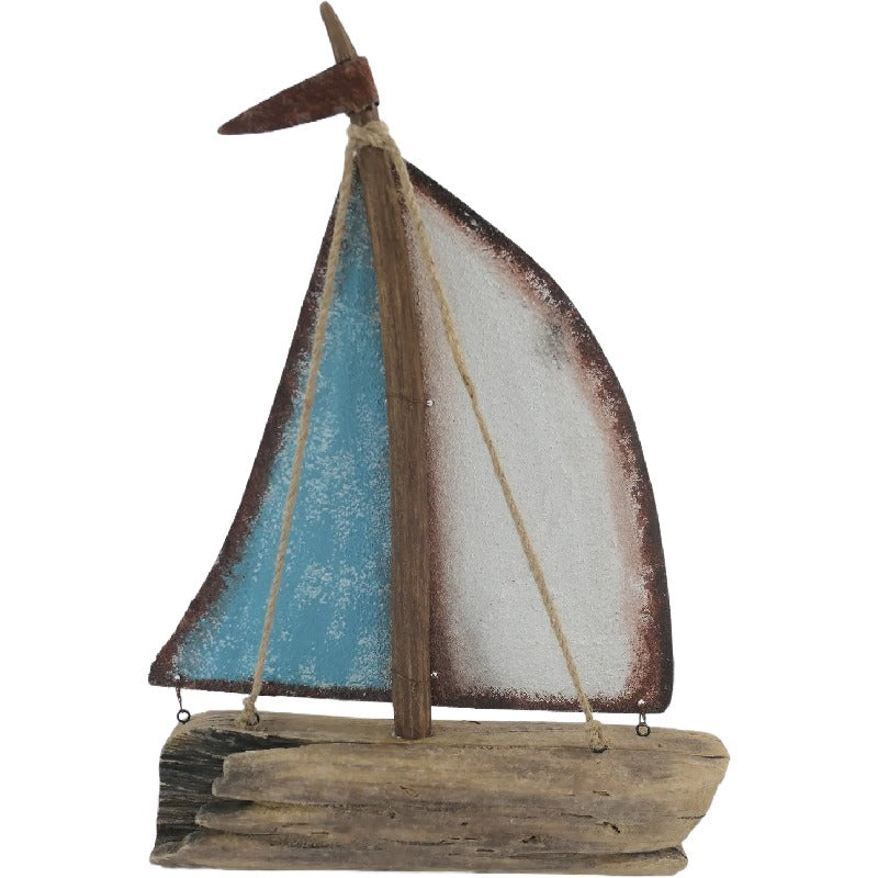 Willow &amp; Silk Sailboat Ornament Handmade Wooden/Tin 35cm Whitewash/Bluewash