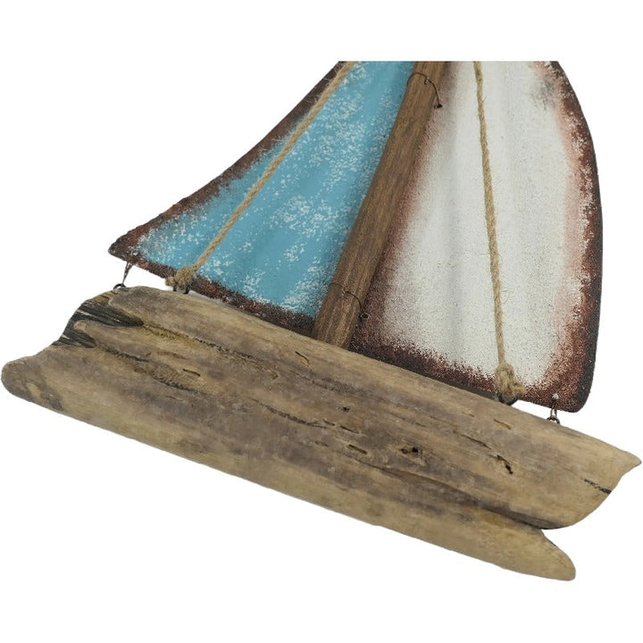 Willow &amp; Silk Sailboat Ornament Handmade Wooden/Tin 35cm Whitewash/Bluewash