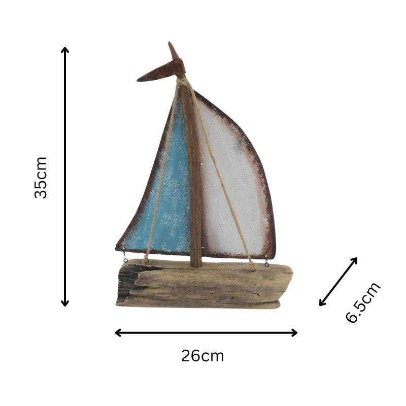 Willow &amp; Silk Sailboat Ornament Handmade Wooden/Tin 35cm Whitewash/Bluewash