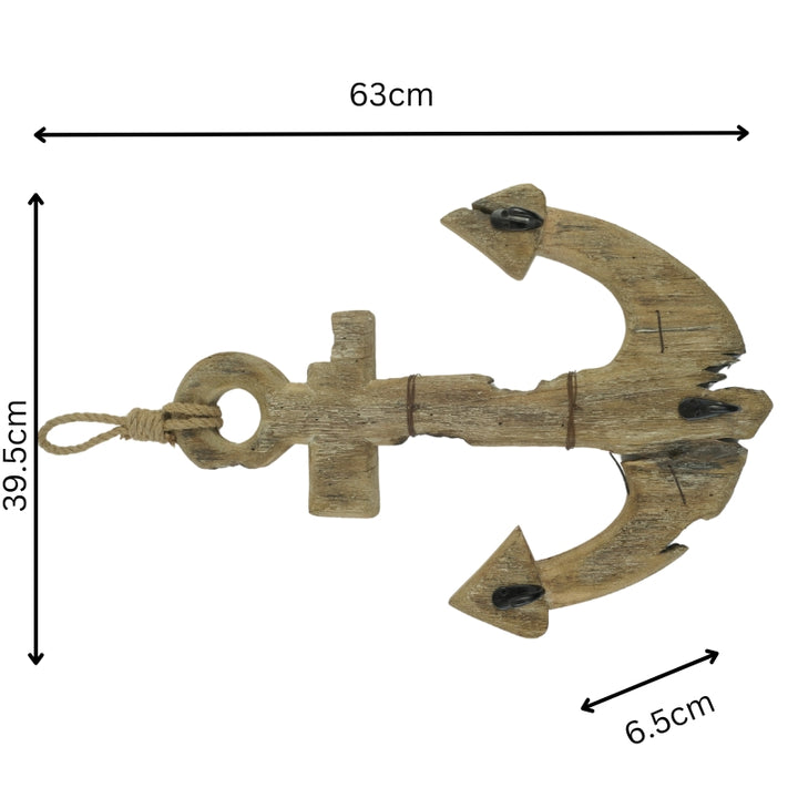 Willow &amp; Silk Handmade 63cm Wooden Anchor Wall Art w/ 3 Key Hooks organiser