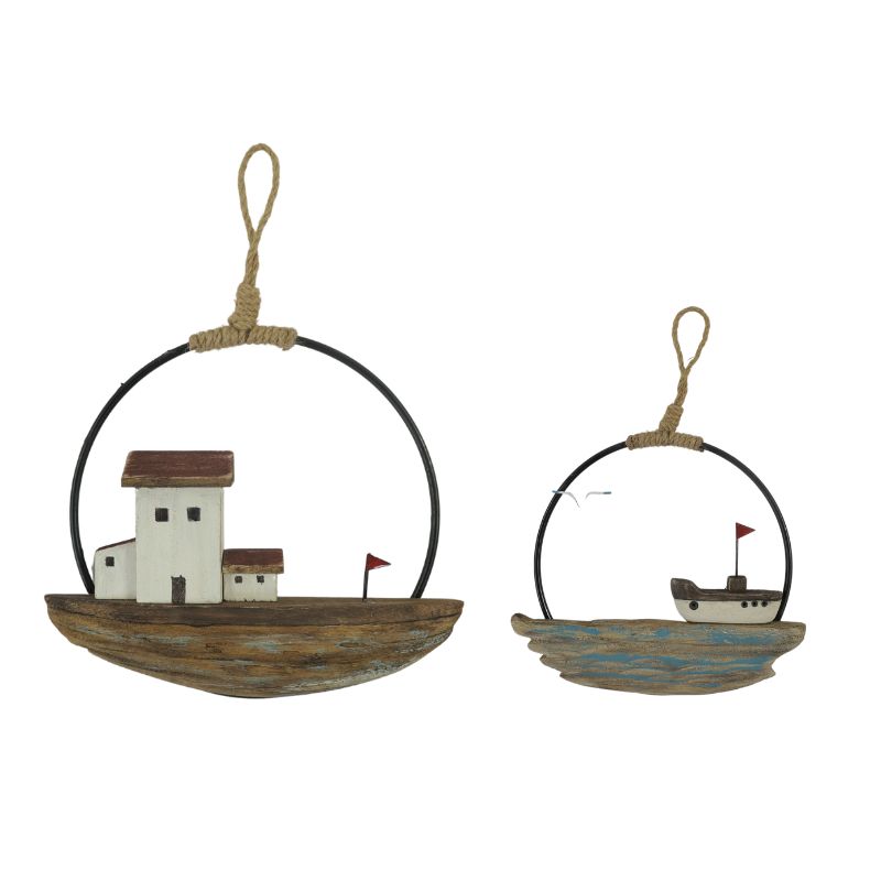 Willow &amp; Silk Set/2 Asst Handcrafted Round Boat/Beach Wall Art 28x2x20cm