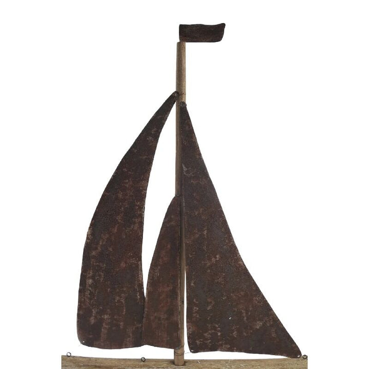 Willow &amp; Silk Sailboat Ornament Handmade Rusted 70cm Metal/Timber On Base
