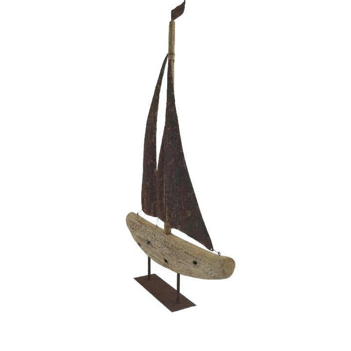 Willow &amp; Silk Sailboat Ornament Handmade Rusted 70cm Metal/Timber On Base