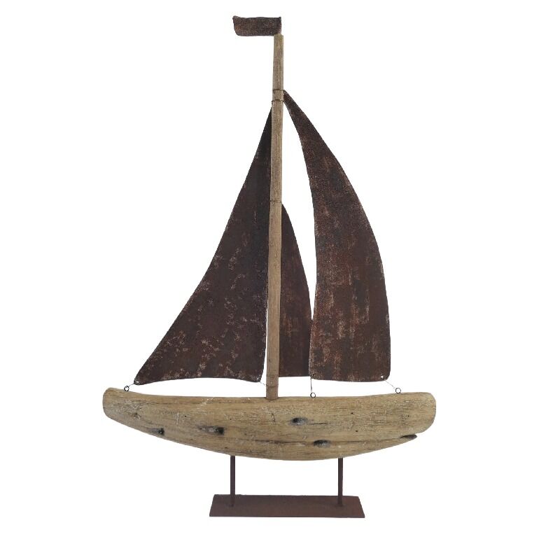 Willow &amp; Silk Sailboat Ornament Handmade Rusted 70cm Metal/Timber On Base