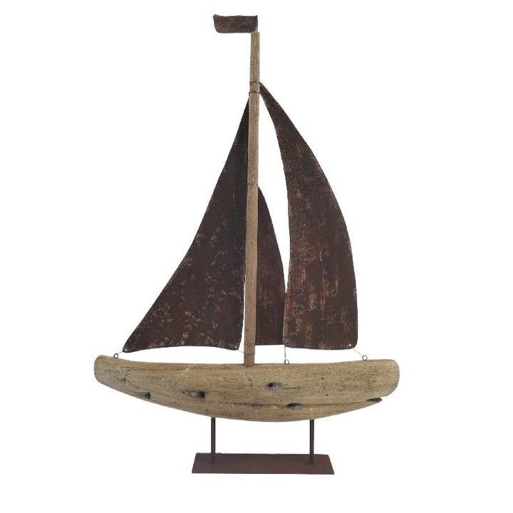 Willow &amp; Silk Sailboat Ornament Handmade Rusted 70cm Metal/Timber On Base