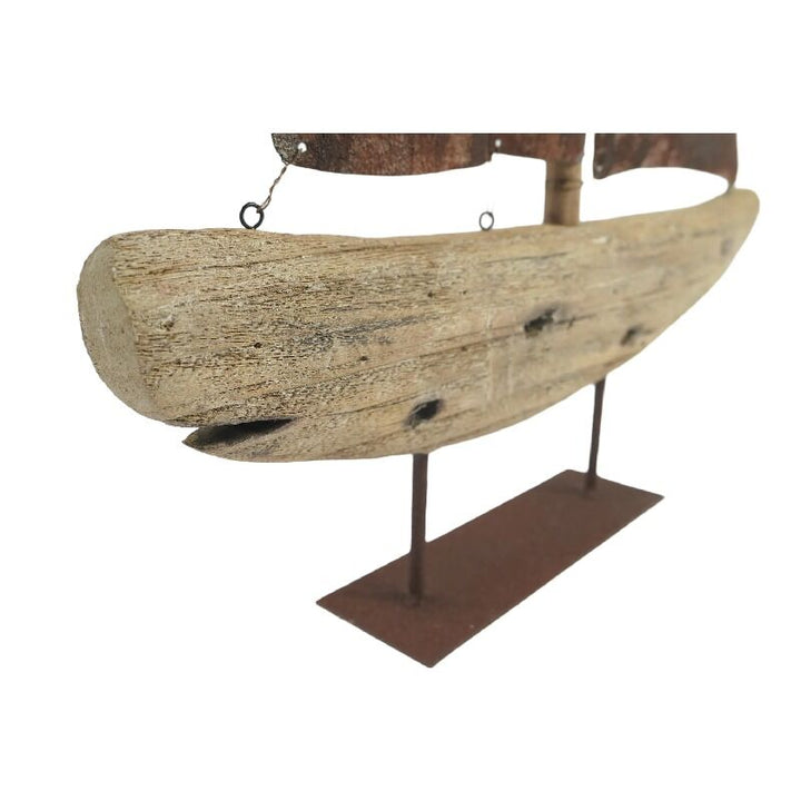 Willow &amp; Silk Sailboat Ornament Handmade Rusted 70cm Metal/Timber On Base
