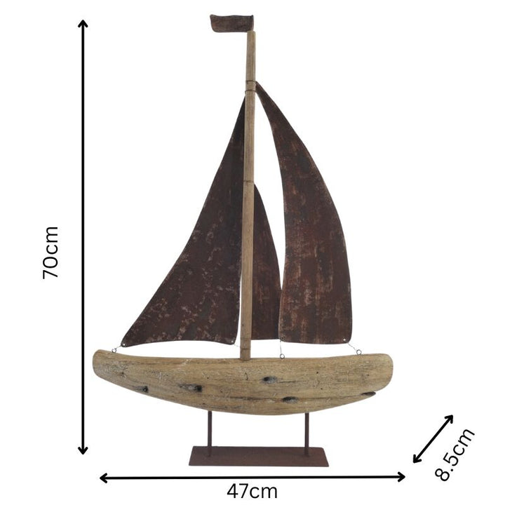 Willow &amp; Silk Sailboat Ornament Handmade Rusted 70cm Metal/Timber On Base