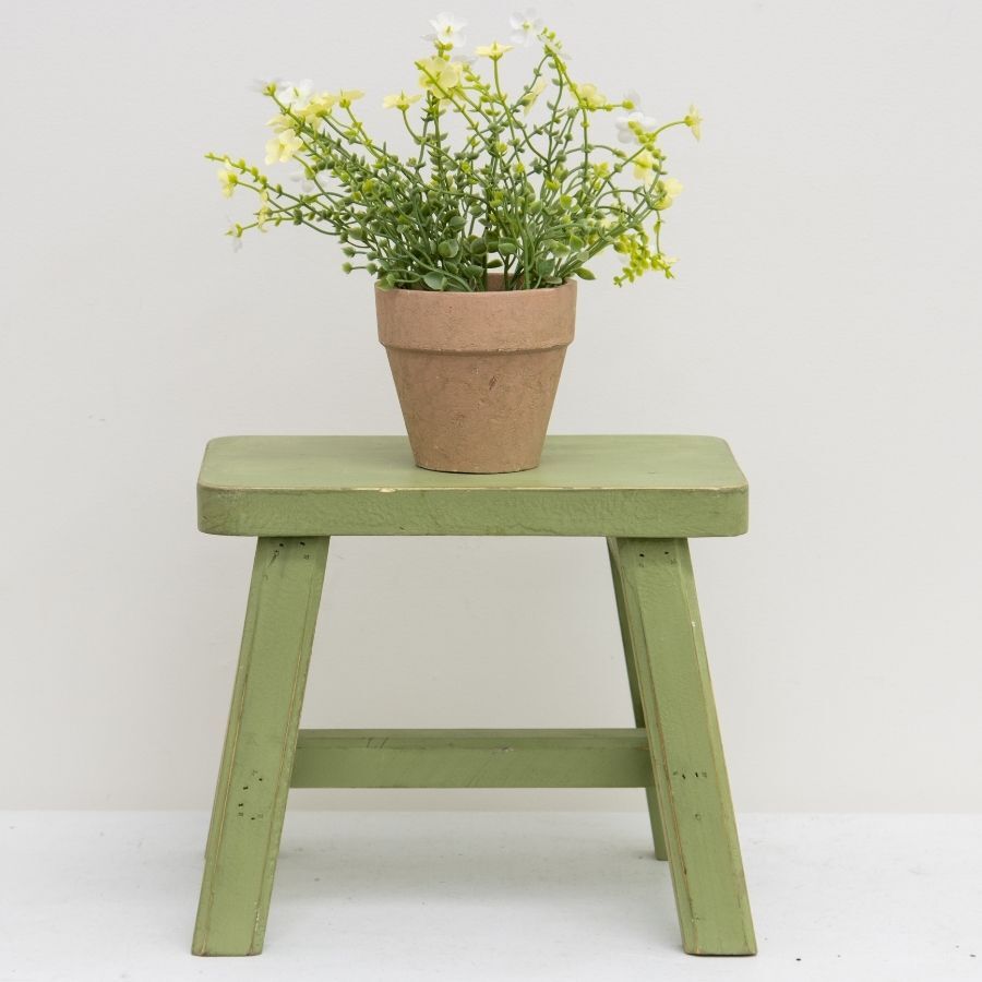 Willow &amp; Silk Milking Stool Wooden Cow 27x22x23cm Distressed Green