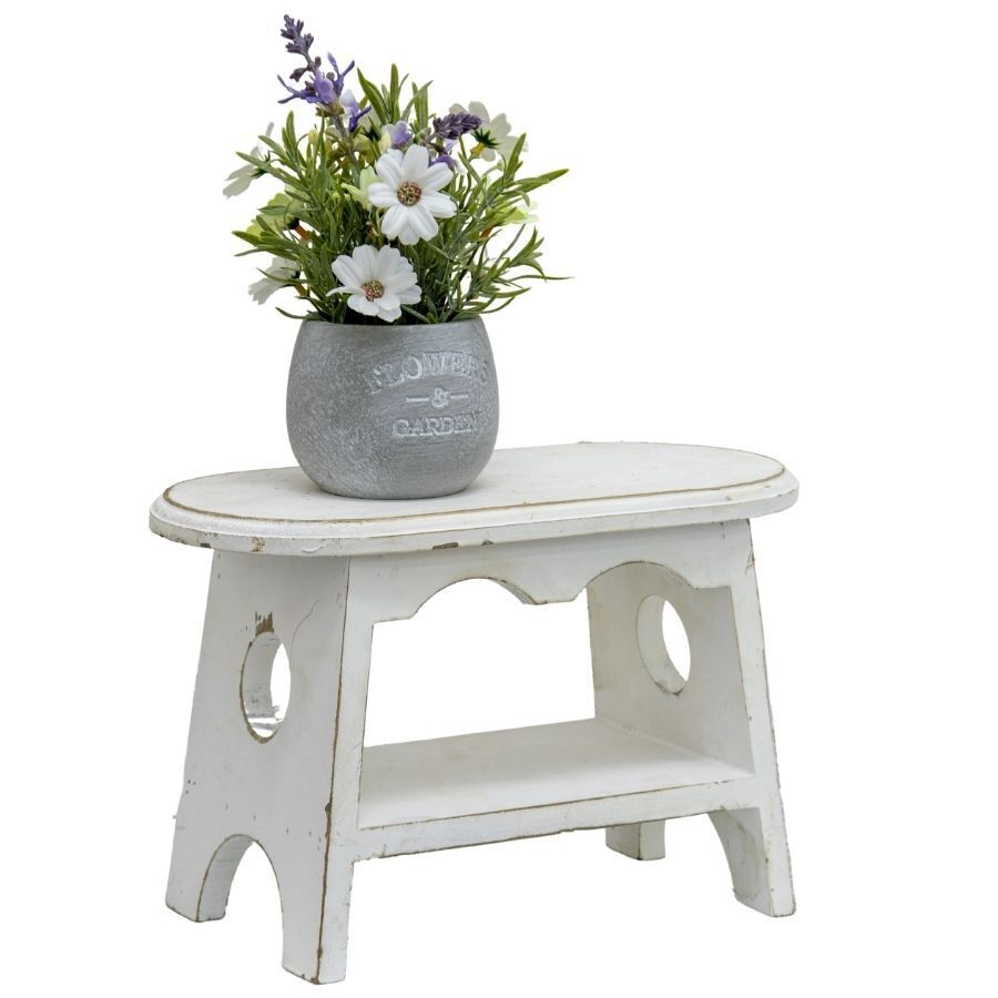 Willow &amp; Silk Milking Stool Wooden Cow Side Table 32cm Distressed White W/Shelf