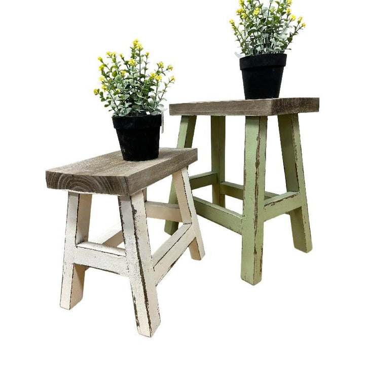 Willow &amp; Silk Wooden Milking Stool 36cm/27cm Distressed Green/White Set of 2