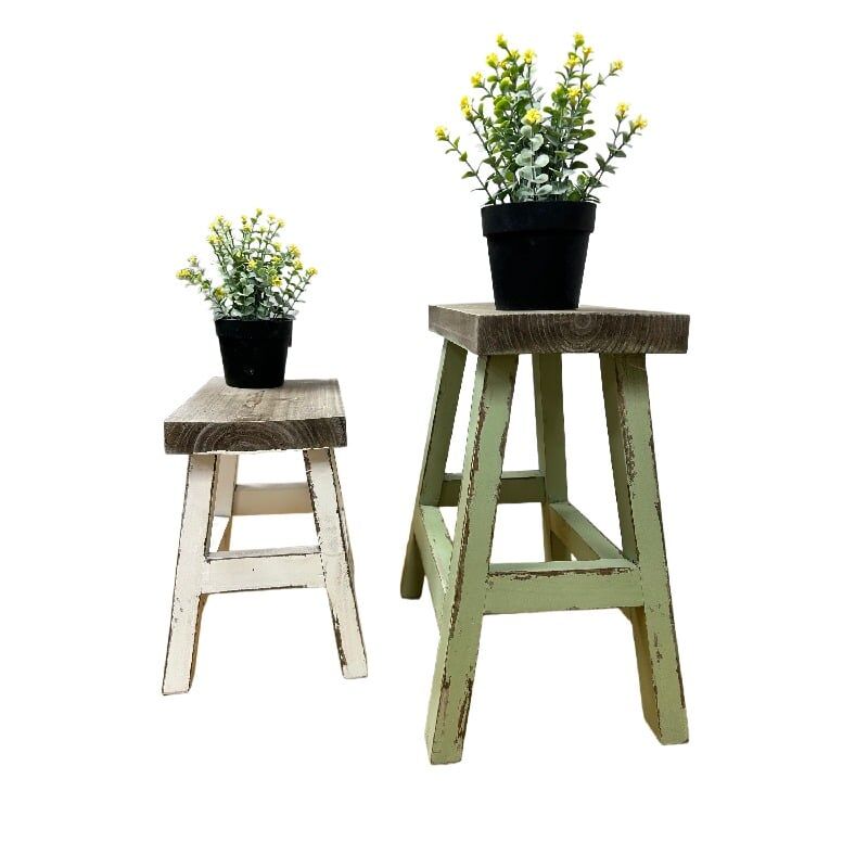Willow &amp; Silk Wooden Milking Stool 36cm/27cm Distressed Green/White Set of 2