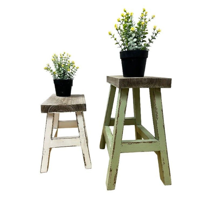 Willow &amp; Silk Wooden Milking Stool 36cm/27cm Distressed Green/White Set of 2