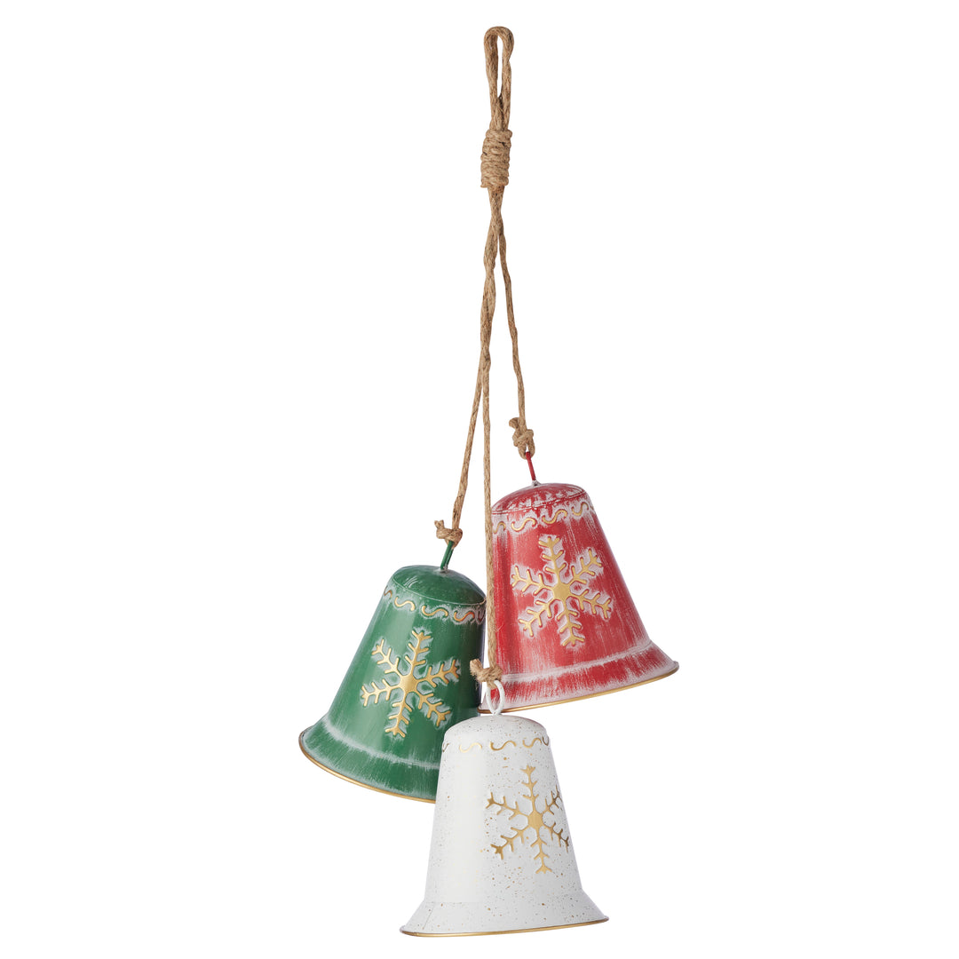 Willow &amp; Silk Three Brushed Red/Grn/Wht Hanging Bells on Rope TW21*21*H66 L21*H66cm