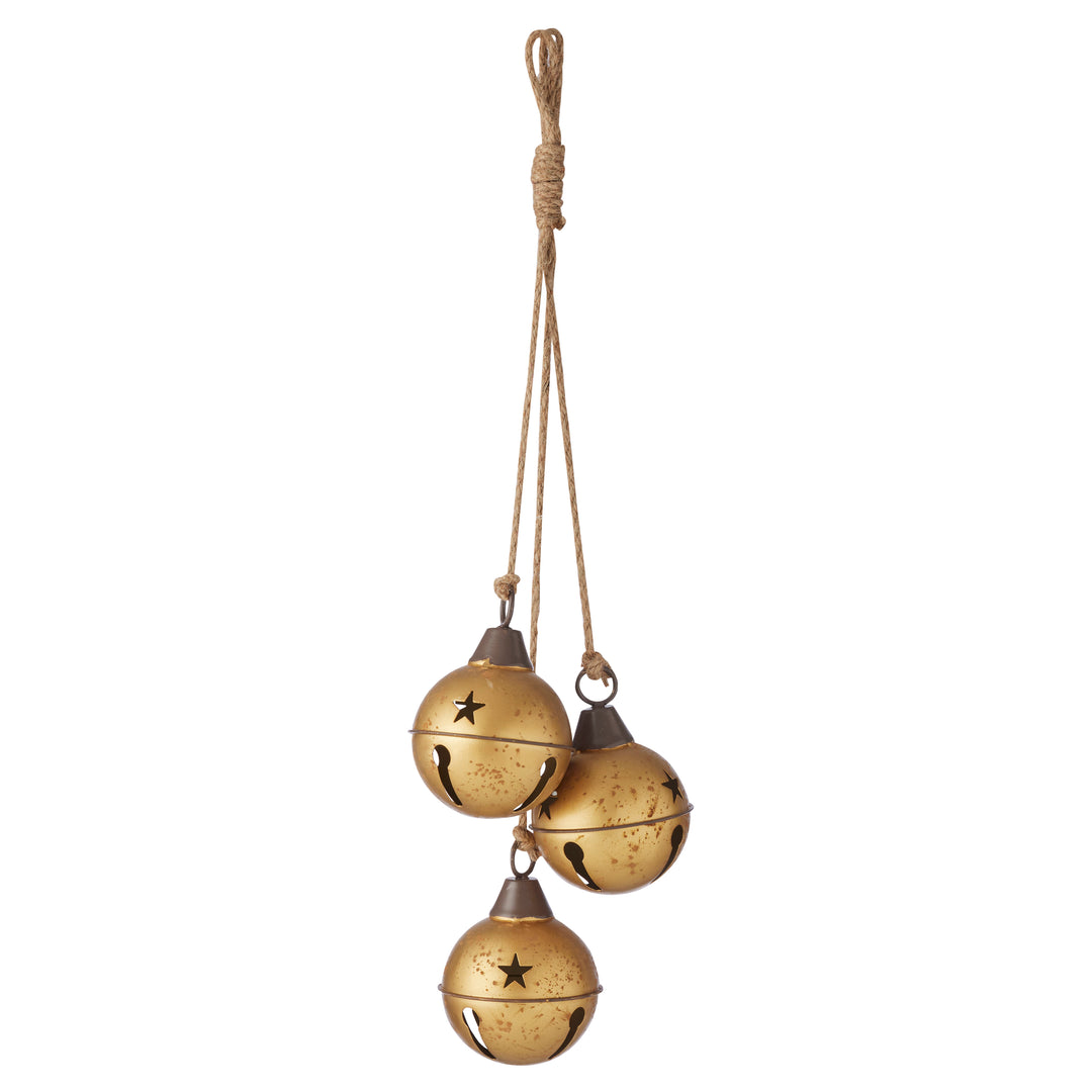 Willow &amp; Silk Three Gold Xmas Hanging Bells on Rope L19*W19*H57cm