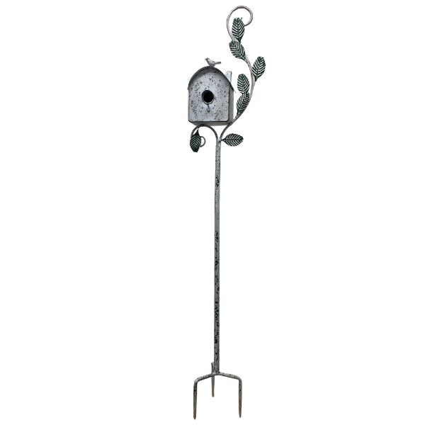 Willow &amp; Silk Paloma White Washed Birdhouse Stake 21x9x123