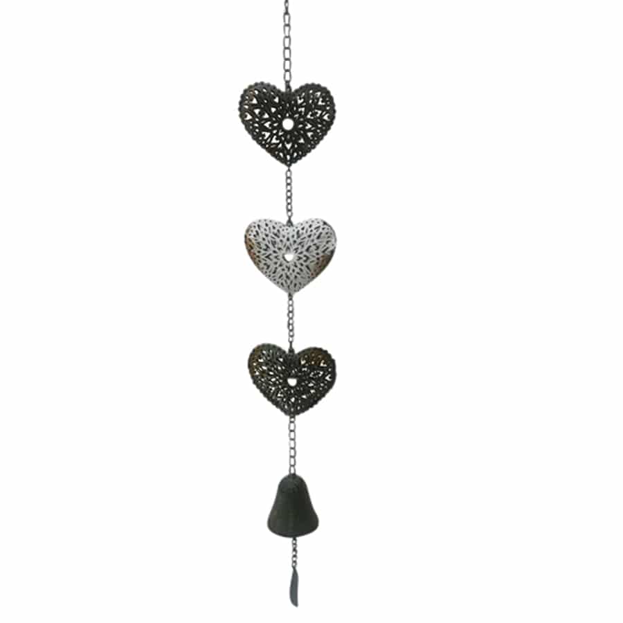 Willow &amp; Silk Hanging 87cm Antique 3 Hearts Metal Bell Chime