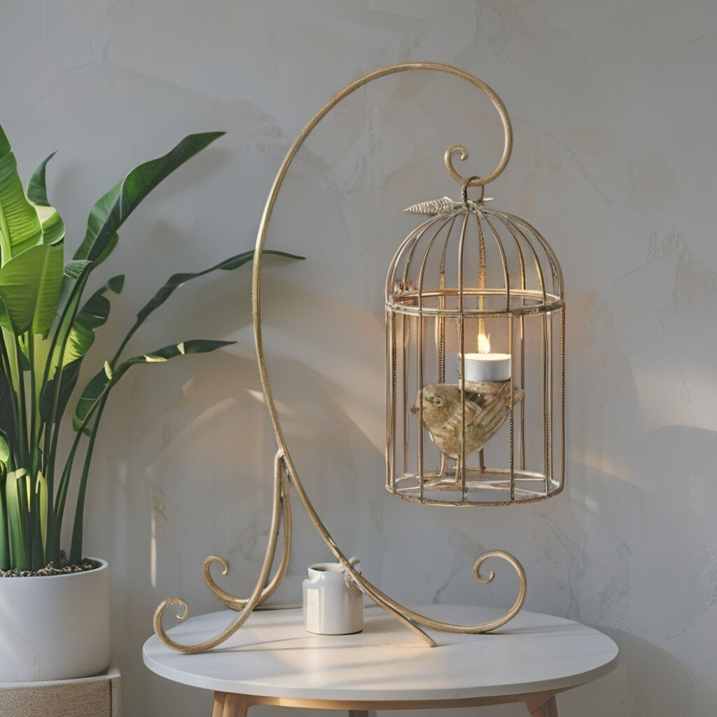 Willow &amp; Silk 42cm Bird In Cage Luxury Candle Holder w/Stand