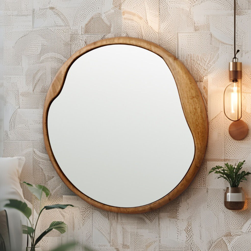 Willow &amp; Silk Wall Mirror Asymmetric Round Wood-Framed 60cm - Natural