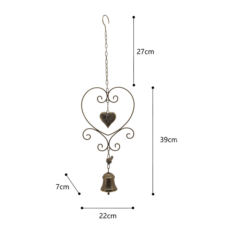 Willow &amp; Silk Metal 82cm Hanging Hearts w/Bird Wind Chimes/ Witch Bell
