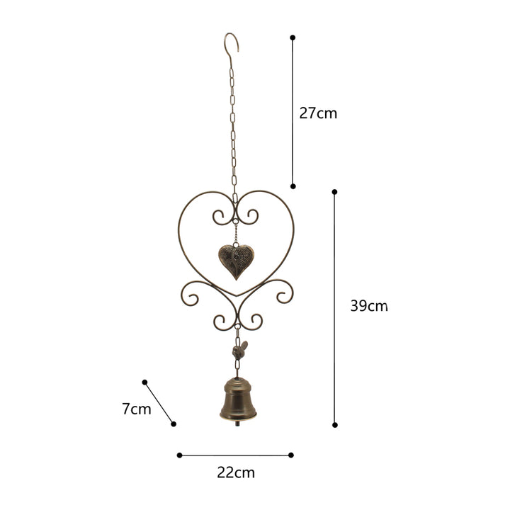 Willow &amp; Silk Metal 82cm Hanging Hearts w/Bird Wind Chimes/ Witch Bell