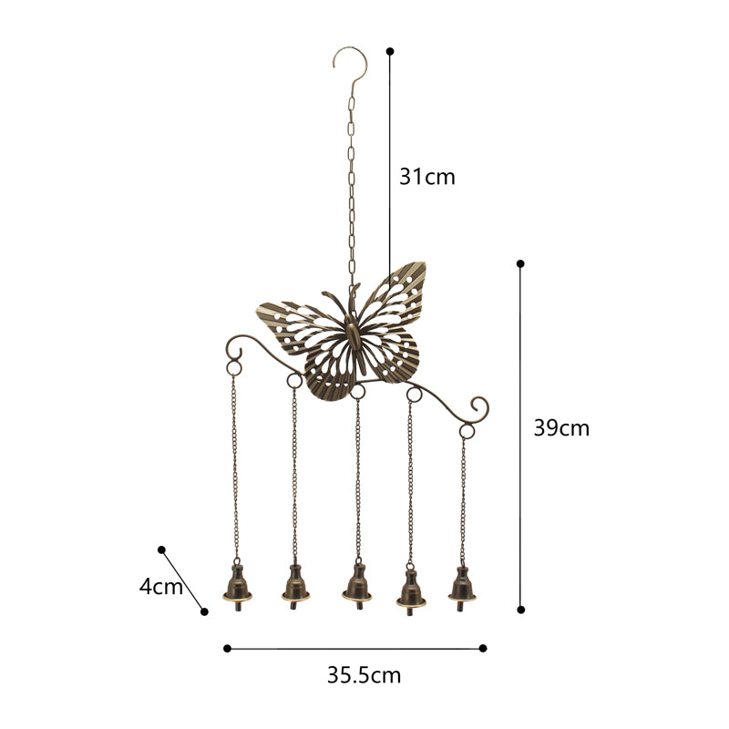 Willow &amp; Silk Metal 70cm Hanging Butterfly w/5 Bells Wind Chime