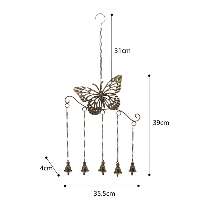 Willow &amp; Silk Metal 70cm Hanging Butterfly w/5 Bells Wind Chime