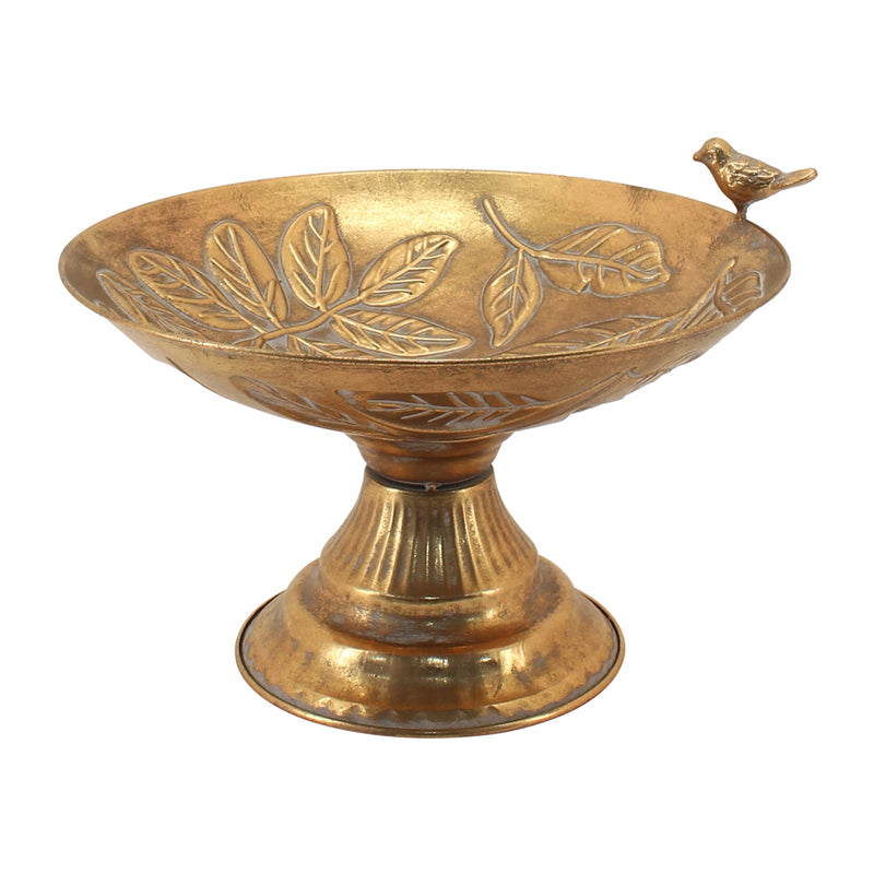 Willow &amp; Silk Decorative Bowl Metal Footed Leaves 32.5cm Antique Gold Perched Bird