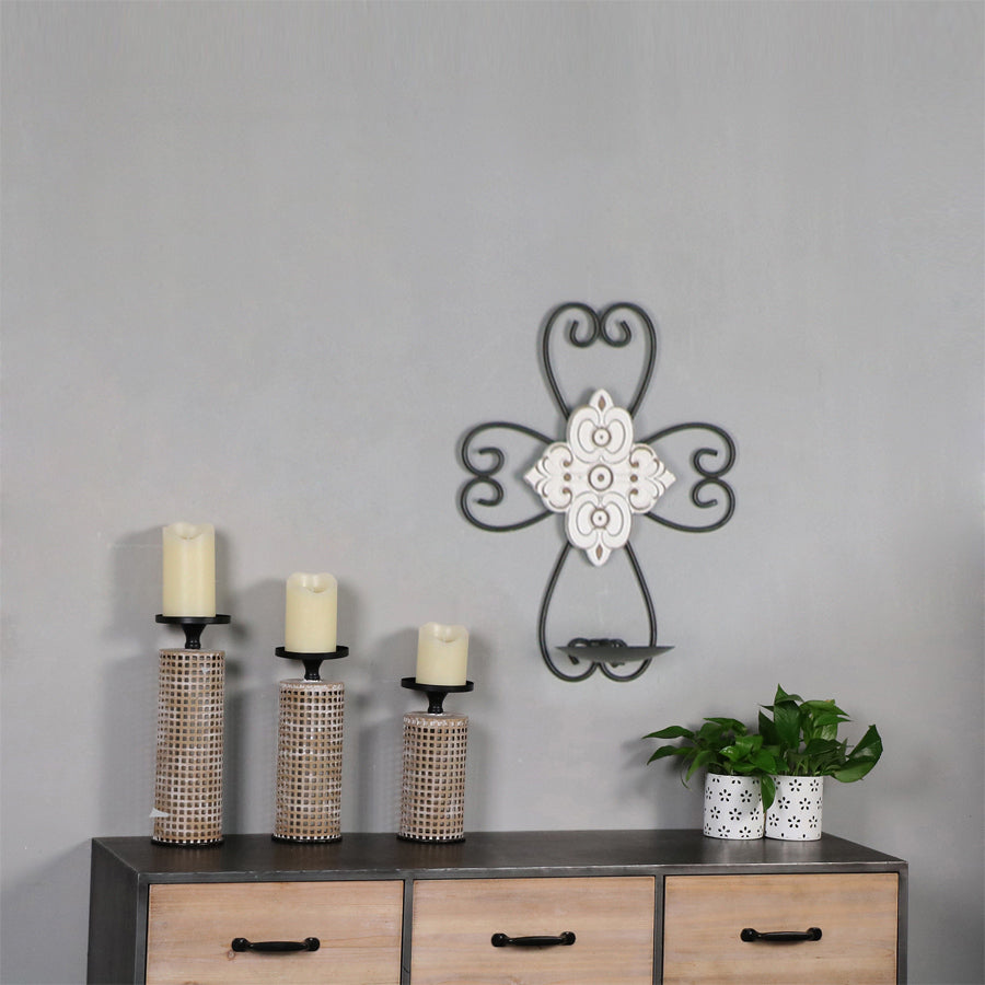 Willow &amp; Silk Metal/MDF 33cm Fleur Cross Sconce Candle Holder/Wall Art