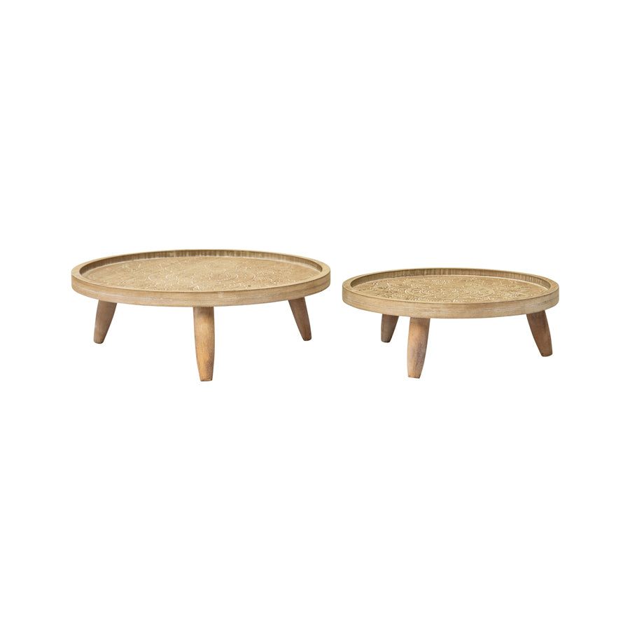 Willow &amp; Silk Nested 34/28cm Set of 2 Mandala Carved Trays w/ Tripod Legs