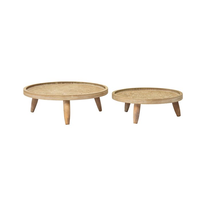 Willow &amp; Silk Nested 34/28cm Set of 2 Mandala Carved Trays w/ Tripod Legs