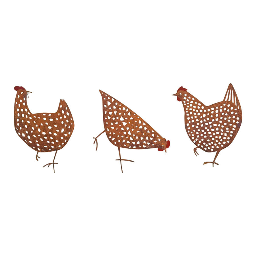 Willow &amp; Silk Garden Stake Chook Family Set of 3 Decorative 19x0.6x35cm Rust