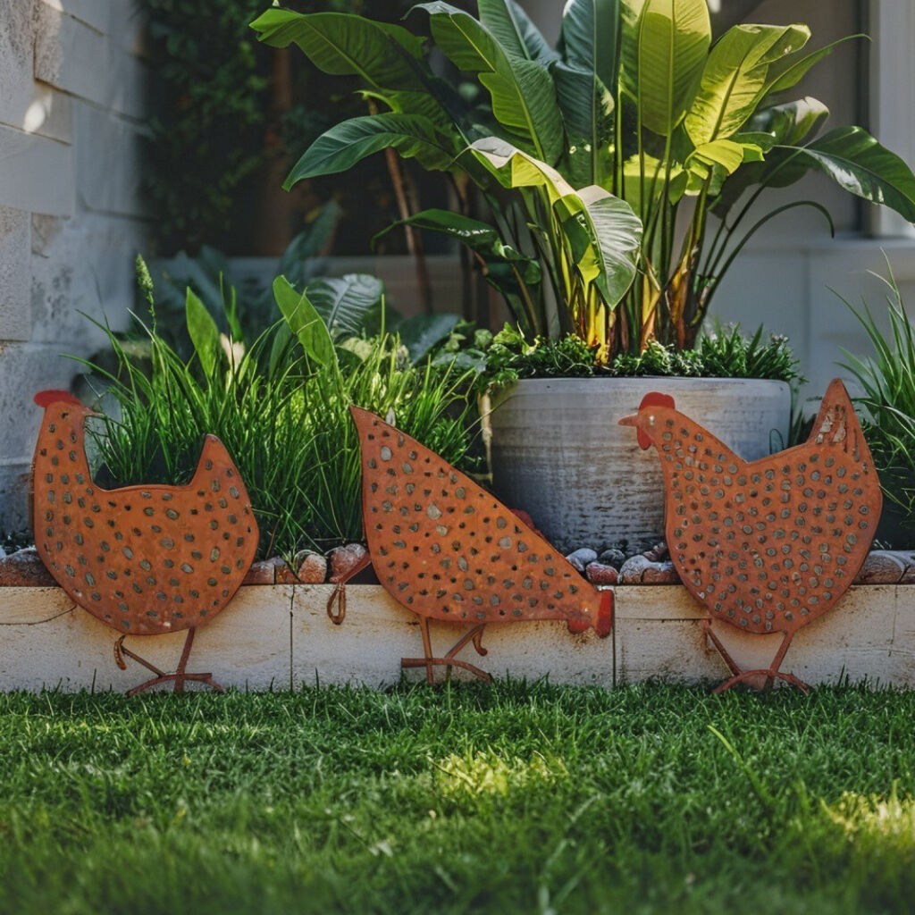 Willow &amp; Silk Garden Stake Chook Family Set of 3 Decorative 19x0.6x35cm Rust