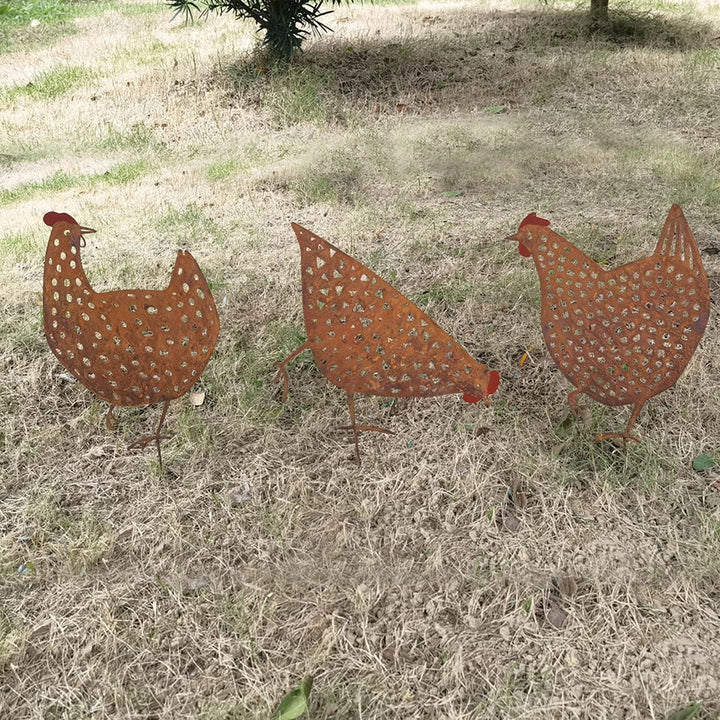 Willow &amp; Silk Garden Stake Chook Family Set of 3 Decorative 19x0.6x35cm Rust